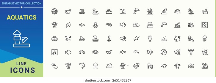 Aquatics line icon set. Minimalist editable vector stroke. Contain linear symbols safe, aquatic, secure. Vector artwork and illustration. Secure icon set.