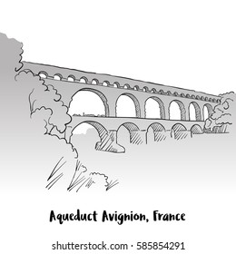 Aqueduct Avignion, France Greeting Card Design, Hand-drawn Vector Outline Sketch svg