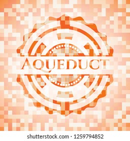 Aqueduct orange tile background illustration. Square geometric mosaic seamless pattern with emblem inside.