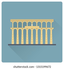 Aqueduct of Segovia, Spain, flat design long shadow vector icon svg