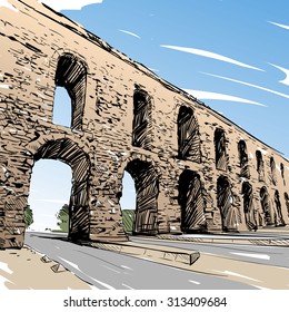 Acueducto de Valens dibujado a mano. Ilustración del vector