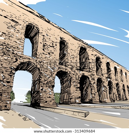 Aqueduct of Valens hand drawn. Vector illustration