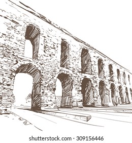 Aqueduct of Valens. Turkey. Hand drawn. Vector illustration svg