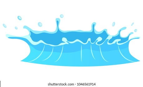 Aqueous stream with splashes of blue crystal aqua. Geyser flow of water from under earth isolated on white. Vector illustration of hot spring in flat design cartoon style, attraction for tourists