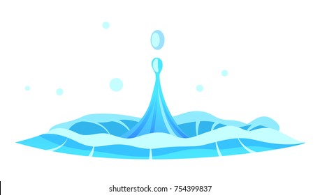 Aqueous Stream With Splashes Of Blue Crystal Aqua And Jet Oozes From Center. Geyser Flow Of Water From Under Earth Isolated On White. Vector Illustration Of Hot Spring In Flat Design Cartoon Style