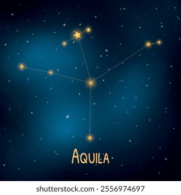 Aquila constellation illustration with starry background and glowing stars.