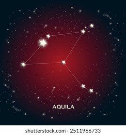 Ilustração de vetor da constelação de Áquila colocada sobre um fundo cósmico de noite estrelada. Perfeito para projetos relacionados à astronomia, projetos espaciais e fins educacionais.