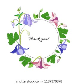 Aquilegia or Columbine flower hand drawn colorful vector botanical illustration, floral round frame isolated on white background for design greeting card, wedding invitation, natural cosmetics