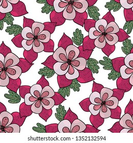 Aquilegia floral seamless background isolated on the white. Vector artwork. Botanical design with aquilegia.