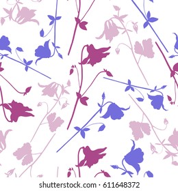 Aquilegia flower hand drawn vector illustration, seamless floral pattern, doodle sketch isolated on white background decorative silhouette for design greeting card, wedding invite, cosmetic, wallpaper