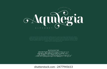 Aquilegia premium luxury elegant alphabet letters and numbers. Vintage wedding typography classic serif font decorative vintage retro. creative vector illustration