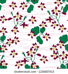 Aquilegia, seamless pattern, white  background, red flowers, textile design, hand drawing, vector illustration