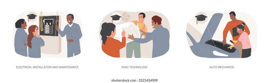 Adquirir habilidades técnicas aisladas Ilustraciones vectoriales de dibujos animados conjunto. Instalación eléctrica y mantenimiento, tecnología HVAC, ventilación y aire acondicionado, aprender mecánica de automóviles, dibujos animados de Vector.