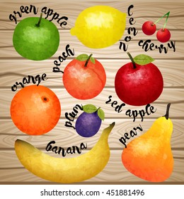Aqurel fruit collection with citruses tropical and garden harvest black inscriptions on wooden background isolated vector illustration