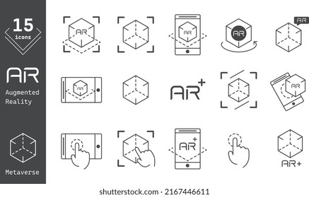 AR - 15 Set of vector line icons of Augmented Reality for modern concepts, web and apps.