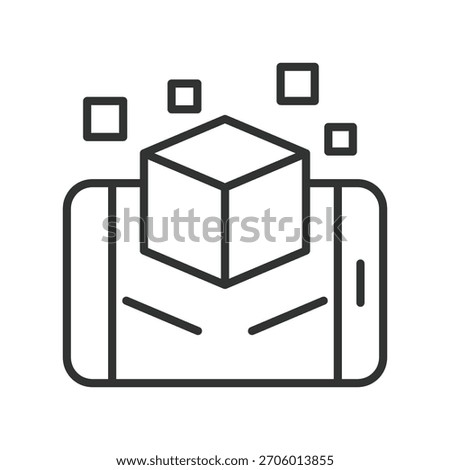 AR 3D object smartphone icon in line design. AR 3D object, augmented reality, virtual cube, digital overlay, 3D model, mobile AR, immersive tech, simulation view on white background vector. AR 3D