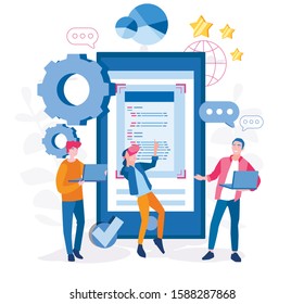 AR App development, people developing a Mobile application, future technologies, developers coding programs, Vector illustration for web banner, infographics, mobile.