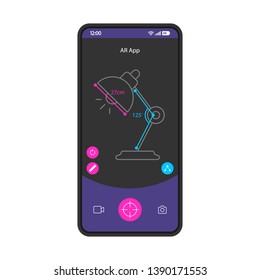 AR app smartphone interface vector template. Mobile page blue design layout. Augmented reality prototyping. Virtual table lamp modeling, visualization screen. Flat UI for application. Phone display