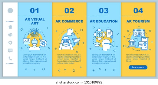 AR applying onboarding mobile web pages vector template. Augmented reality commerce, education, tourism. Responsive smartphone website interface idea. Webpage walkthrough step screens. Color concept