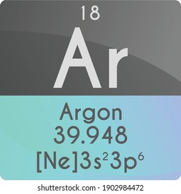Ar Argon Noble gas Chemical Element Periodic Table. Square vector illustration, colorful clean style Icon with molar mass, electron config. and atomic number for Lab, science or chemistry education.