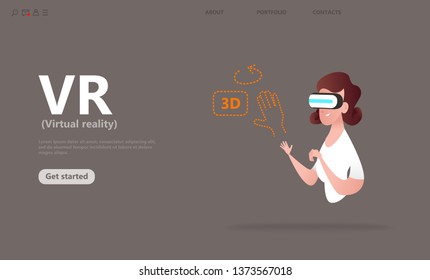 AR augmented reality concept. Cartoon female character with glasses controls virtual objects. 3D modeling technology for learning and science. Business landing page template - vector