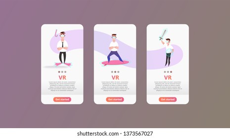 AR augmented reality concept. Cartoon character with glasses controls virtual objects. 3D modeling technology for learning and science. Business landing page template and mobile app - vector