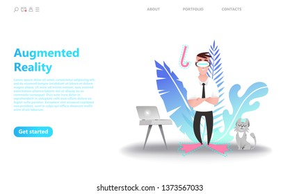 AR augmented reality concept. Cartoon character with glasses is a virtual reality office. The character gamer in the game is in flippers and breathing tube. Business landing page template - vector