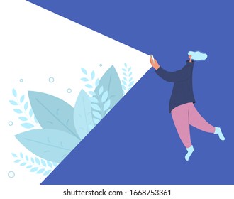 AR. Augmented Reality. Female Character Using Her Phone For Texting A Message. Young Person Chating With Her Smartphone. Woman Reading A News On Internet Banner Template. Vector Flat Illustration.