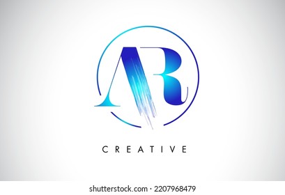 AR Brush Stroke Letter Logo Design. Blue Paint Logo Leters Icon with Elegant Circle Vector Design.
