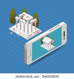 AR building isometric composition phone pointed at the destroyed object using special application recreates the building vector illustration