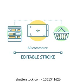 AR commerce concept icon. Virtual marketplace. E-commerce purchase. VR shopping. Augmented reality technology idea thin line illustration. Vector isolated outline drawing. Editable stroke