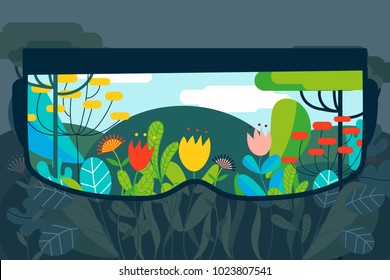 AR concept vector illustration with high tech glasses for augmented reality on natural landscape