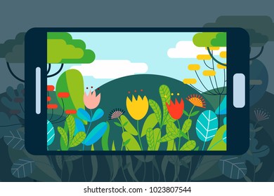 AR concept vector illustration with smartphone for augmented reality on natural landscape