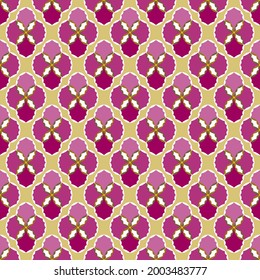 Ar deco geometrische, nahtlose Muster von violetten Blumen auf goldenem Hintergrund. Abstrakter Hintergrund für das Design von Textil- oder Geschenkpapier