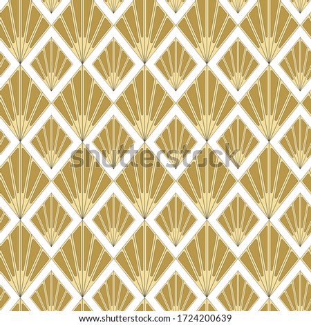 Ar deco seamless pattern in gold and white colors. Dainty geometric pattern with fan ornament