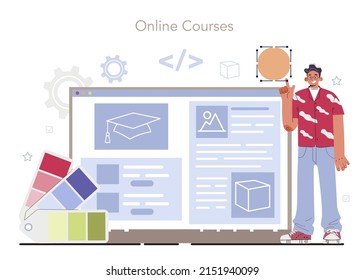 AR designer online service or platform. Augmented reality visual development. Digital media for adverisment and education. Online course. Flat vector illustration