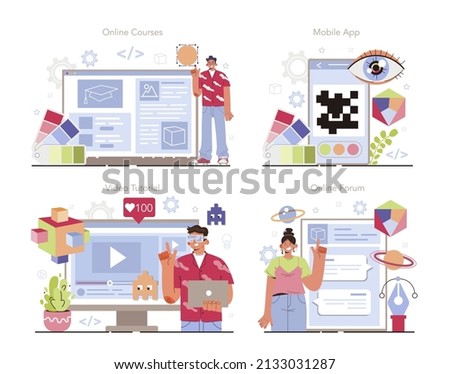 AR designer online service or platform set. Augmented reality visual development. Digital media for adverisment and education. Online course, forum, video tutorial, mobile app. Vector illustration
