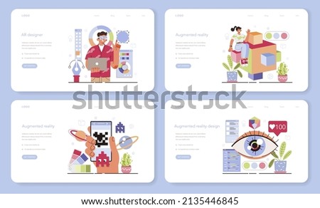 AR designer web banner or landing page set. Augmented reality visual development. Computer-mediated reality, digital media technology for adverisment and education. Flat vector illustration