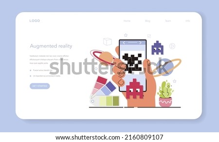 AR designer web banner or landing page. Augmented reality visual development. Computer-mediated reality, digital media technology for adverisment and education. Flat vector illustration