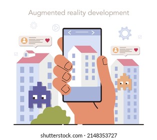 AR developer. Augmented reality software development. Computer-mediated reality, digital media technology for adverisment and education. Flat vector illustration