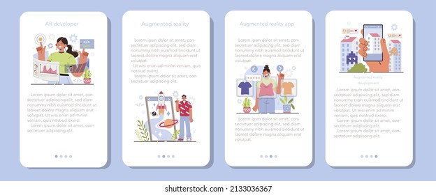 AR developer mobile application banner set. Augmented reality software development. Computer-mediated reality, digital media technology for adverisment and education. Flat vector illustration