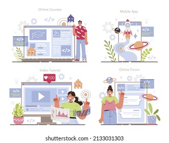 AR developer online service or platform set. Augmented reality software development. Digital media technology. Online course, forum, video tutorial, mobile app. Flat vector illustration