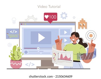 AR developer online service or platform. Augmented reality software development. Digital media technology for adverisment and education. Video tutorial. Flat vector illustration