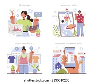 AR developer set. Augmented reality software development. Computer-mediated reality, digital media technology for adverisment and education. Flat vector illustration