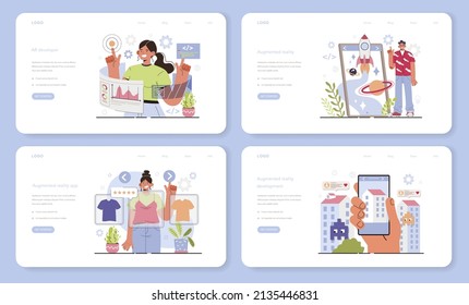AR developer web banner or landing page set. Augmented reality software development. Computer-mediated reality, digital media technology for adverisment and education. Flat vector illustration