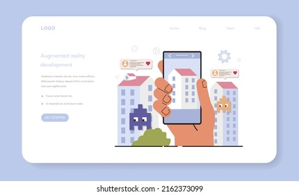 AR developer web banner or landing page. Augmented reality software development. Computer-mediated reality, digital media technology for adverisment and education. Flat vector illustration