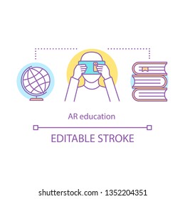AR education concept icon. Augmented reality in schooling. Education technology industry. Virtual reality learning idea thin line illustration. Vector isolated outline drawing. Editable stroke