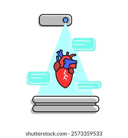 AR educational tool, 3D human heart projected from device with blue light. Relevant for medical and biological studies, demonstrating the use of AR in learning environments.