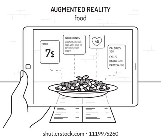 AR food vector design template. Virtual background for cafe, restaurant, bar. Augmented reality linear illustration. Creative modern outline sketch of interactive display with menu details
