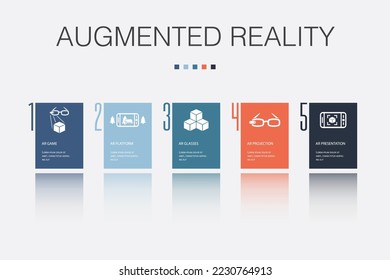 AR game, platform, virtual glasses, AR projection, AR presentation icons Infographic design template. Creative concept with 5 steps